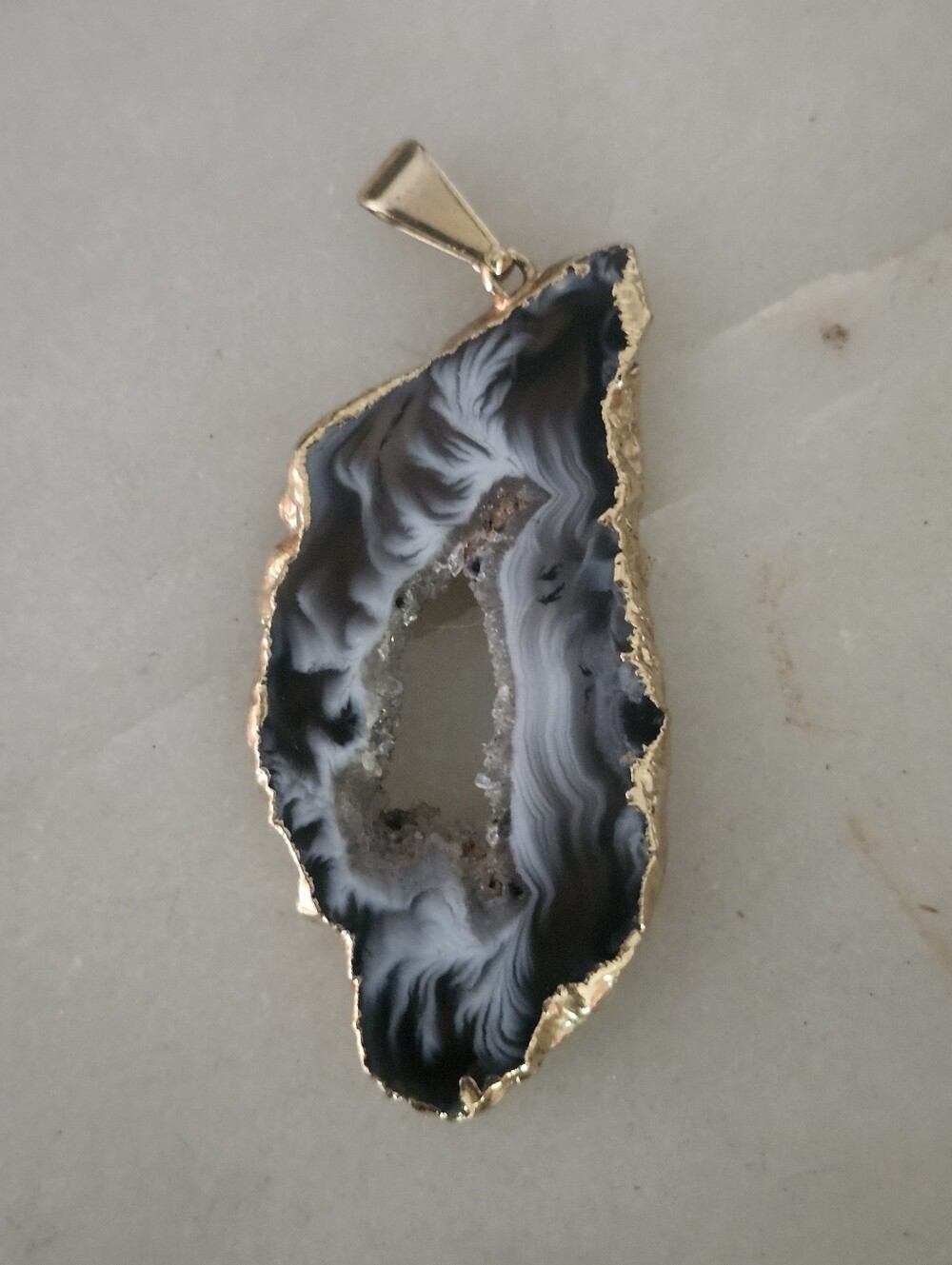 Gold-Edged Black and White Occo Agate Geode Slide Pendant